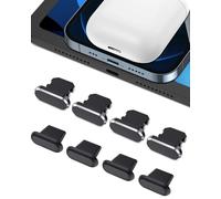 8 Pieces Anti Dust Plugs Compatible with iPhone 14 Pro Max, 4 Metal + 4 Silicone Dust Plugs Dust Cover Port Cap Protector for iPhone 13, 12, 11, iPad and Airpods Charging Case, Black
