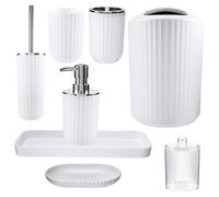 8 Pieces Bathroom Accessories Set White- Bathroom Bin,Toilet Bowl Brush,Hand Soap Dispenser, Mouthwash Cup, Toothbrush Holder, Toothpick Holder, Soap Dish, Holder Tray - Bathroom Accessory