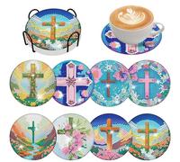 8 Pieces Crosses Diamond Coasters with Holder DIY Crosses Diamond Art Coasters 5d Full Drill Diamond Art Decor Acrylic Round Cup Coaster with Cork Pads for Adults