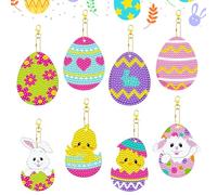 8 Pieces Easter Double Sided Diamond Art Keychain Kit Eggs Bunny Mosaic Crystal Keyring Chicken Full Drill Diamond Key Ring Animal Rhinestone Painting Pendant for Phone Bag Charm Party Ornaments Gift