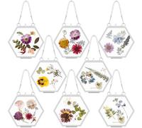 8 Pieces Hanging Glass Floating Frame 4 x 3 Inch Pressed Flower Glass Picture Frame Double Picture Artwork Display Frame for Photo Picture Poster Modern Home Decor (Silver)