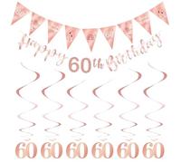 8 Pieces Of Birthday Decoration, 60Th Birthday Banner, 60 Spiral Hanging Ornaments, Party Background Decoration Props, 60Th Birthday Party Pink Decoration