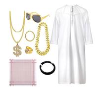 8 Pieces Of Sheikh Clothing Men's Arabic Clothing | Sheikh Arabian White Robes, With Headscarves, Rings, Necklaces, Party Sunglasses | Fancy Dress Cosplay Accessories For Party, Carnival, Christmas