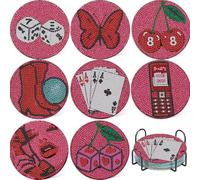 8 Pieces Pink Vintage Diamond Paintings Coasters Kits SetRetro Funny Drinks Diamond Art Painting Coasters Kit with Holder,5D DIY Full Drill Diamonds Dot for Beginners Gift