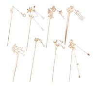 8 Pieces Retro Vintage Asian Japanese Gold Metal Long Hair Sticks Pins with Pearl Jade Tassels Pendants Chinese Hanfu Hair Chopsticks Picks Bun Forks Holders Hairpins Headpieces (Set A)