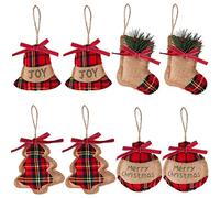 8 Pieces Tartan Christmas Decorations Christmas Baubles Christmas Tree Ornaments Red Tartan with Cream and Black Decoration Rustic Burlap Stocking Ball Bell Hanging Decoration for Xmas Party Supplies