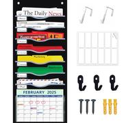 8 Pockets Hanging Wall File Organizer for Legal/ Letter/ A4 Size Paper, Over the Door Organizer, Black Pocket Chart for Classroom, Office, Home Use with 12 Name Tags, 5 Hooks and Clear Calendar Pocket