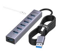 8 Port Aluminum USB Multiport Hub with 7 USB 3.0 Data Ports up to 5Gbps, USB 3.0 Splitter with 5V/3A USB C Power Port, 47"/120cm Long Cable,