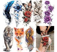 8 Rose And Phoenix Temporary Tattoo Stickers For Hands, Backs, And Feet - Colored Water Transfer Tattoo Stickers