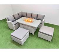 Fimous 8 Seat Rattan Garden Furniture Corner Sofa Set Outdoor Gas Fire Pit Table Sets with 2 Big Footstools Light Grey