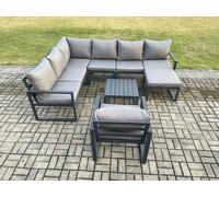 Fimous 8 Seater Aluminium Garden Furniture Set Outdoor Lounge Corner Sofa Chair Square Coffee Table Sets with Big Footstool Dark Grey