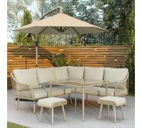 8 Seater Beige Garden Corner Sofa Set with Rope Effect with Matching Dining Table - Parasol Included