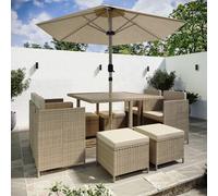 8 Seater Beige Rattan Cube Garden Dining Set with Matching Parasol