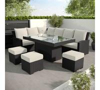 8 Seater Black Rattan Corner Garden Dining Set with Firepit Table