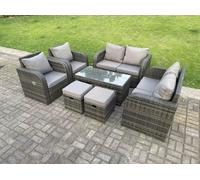 Fimous 8 Seater Dark Grey PE Rattan Garden Furniture Set Reclining Chair 2 Seater Love Sofa Set Coffee Table Stools