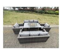 (8 seater) Fimou PE Rattan Garden Furniture Gas Fire Pit Dining Table Lounge Sofa