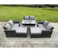 8 Seater Garden Dining Set Wicker PE Rattan Outdoor Furniture Sofa with Rectangular Dining Table Double Seat Sofa 2 Big Footstool Fimous Dark Grey One Size