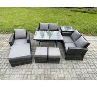 8 Seater Garden Dining Set Wicker PE Rattan Outdoor Furniture Sofa with Rectangular Dining Table Double Seat Sofa Side Table 3 Footstools Fimous Dark Grey One Size