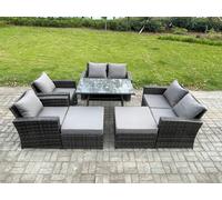 8 Seater Garden Dining Set Wicker PE Rattan Outdoor Furniture Sofa with Rectangular Dining Table Double Seat Sofa 2 Big Footstool Armchair Fimous Dark Grey One Size