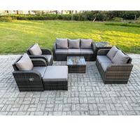 Fimous 8 Seater Garden Furniture Set Rattan Outdoor Lounge Sofa Chair With Tempered Glass Table Big Footstool Side Table Dark Grey Mixed