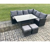 Fimous 8 Seater Garden Rattan Furniture Corner Sofa Dining Table Set with 2 Small Footstools Indoor Outdoor Lounge Sofa Set
