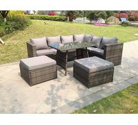 8 Seater Grey Rattan Corner Sofa Set Dining Table 2 Big Footstool Garden Furniture Outdoor Fimous Dark Grey One Size