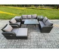 8 Seater High Back PE Rattan Sofa Set Outdoor Garden Furniture Dining Table Set With Reclining Chair 3 Seater Sofa Fimous Dark Grey One Size