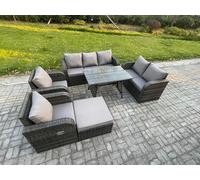 Fimous 8 Seater High Back PE Rattan Sofa Set Outdoor Garden Furniture Dining Table Set With Reclining Chair 3 Seater Sofa Love Sofa Big Footstool