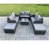 8 Seater High Back Rattan Garden Furniture Set with Square Coffee Table 2 Big Footstool Love Sofa Indoor Outdoor Patio Lounge Sofa Set Fimous Dark Grey One Size