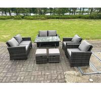 8 Seater Outdoor Dark Grey High Back Rattan Sofa Dining Table Set Garden Furniture Love Sofa Chair 2Stools Fimous Dark Grey One Size