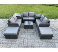 8 Seater Outdoor Garden Furniture Sets Wicker Rattan Furniture Sofa Sets with Square Coffee Table Love seat Sofa 2 Big Footstool Fimous Dark Grey One Size