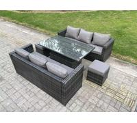 Fimous 8 Seater?Outdoor Rattan Sofa Set Garden Furniture Adjustable Rising Lifting Dining Table Footstools Dark Grey Mixed