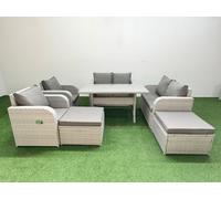 Fimous 8 Seater Outdoor Reclining Chair Love Sofa Set Rattan Garden Furniture Set with Rectangular Dining Table 2 Big FootStools Light Grey