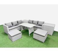 Fimous Rattan Garden Furniture Dining Set 8-seater Patio Rectangular Table 3 Seater Sofa Set with 2 Side Tables 2 Big Stools Light Grey