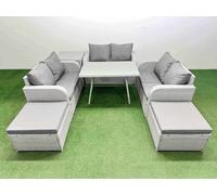 Fimous Rattan Garden Furniture Dining Set 8-seater Patio Rectangular Table Love Sofa Set with Side Table 2 Big Stools
