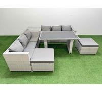 Fimous Rattan Garden Furniture Dining Set 8-seater Patio Rectangular Table Sofa Set with Side Table 2 Big Stools Light Grey