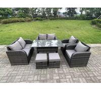 Fimous 8 Seater PE Rattan Garden Furniture Set Reclining Chair 2 Seater Love Sofa Set Outdoor Rectangular Dining Table 2 Stools