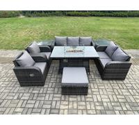 8 Seater PE Wicker Outdoor Rattan Garden Furniture Set Propane Gas Fire Pit Table and Sofa Chair set with 2 Side Tables Big Footstool Fimous Dark Grey One Size