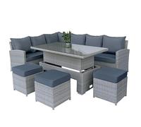8 Seater Rattan Garden Furniture Set Grey with Rising Table | Outdoor Corner Sofa Dining Set, Adjustable Table, Footstools, Steel Frame and Cushions, Grey Wicker Patio Set