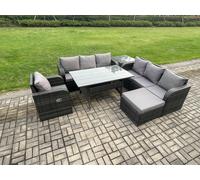 Fimous 8 Seater Dark Grey Mixed Rattan Garden Dining Set - Oblong/Rectangular Table, 3-Seater Sofa & Footstool