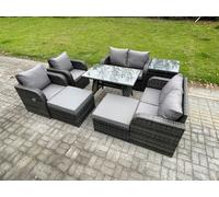 Fimous 8 Seater Wicker PE Rattan Garden Dining Set Outdoor Furniture Sofa with Rectangular Dining Table Side Table 2 Big Footstool Dark Grey Mixed