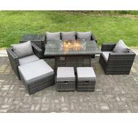 Fimous 8-Seater Wicker PE Rattan Garden Fire Pit Dining Set | Gas Heater, 2 Armchairs, Side Tables, Footstools | Dark Grey
