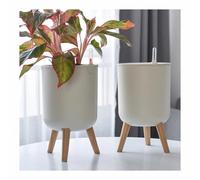 8" Self-Watering Plant Pots with Water Indicator - White Indoor/Outdoor Planter with Wood Stand Perfect for Spring Decor Easy Care Pots for Houseplants