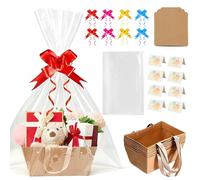 8 Set Gift Basket Hamper Kit,Empty Hamper Basket with Clear Bags and Pull Bows,Kraft Containers,Storage Basket with Handles,Present Basket for Wedding Valentines Baby Shower Birthday Party Favors