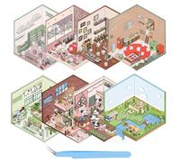 8 Sets 3D Sticker Scene 3D House Sticker Set Make Your Own Supermarket|Coffee Shop|Restaurant Sticker House Cute Cartoon Sticker Scene Suitable for Adults and Children to Pass The Time