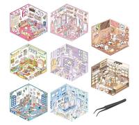 8 Sets 3D Sticker Scenes, DIY 3D House Sticker, Cute Stickers for Adult, Miniature Scene Stickers, Funny Sticker Rooms Book with Tweezers for Relief Stress, Pass The Time (8-Scene)