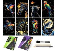 8 Sheet Glow in The Dark Scratch Art Rainbow Painting Paper | Creative Engraving Craft Scratchboard(A5) for Teens & Adults, Fun Sketch Card Art DIY Projects | ASMR Stress-Relieving (Animal)