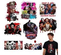 8 Sheet Halloween Iron on Patches Stickers Large Scary Movie Characters Vinyl Heat Transfer Applique Halloween Horror Clown Ghost Face Iron on Decals for T-Shirts Bags Clothing DIY Decorations