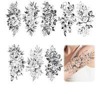 8 Sheets 3D Big Flower Tattoo Stickers, Waterproof Temporary Tattoos, Lasting Sexy Rose Fake Tattoos in Black and White, Stick on Tattoos Flowers Sketch Designs for Adults Women Girls Men