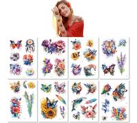 8 Sheets 3D Watercolor Flower Tattoo Stickers: Realistic Painted Flowers Butterflies Animals Summer Adult Holiday Temporary Tattoo Stickers